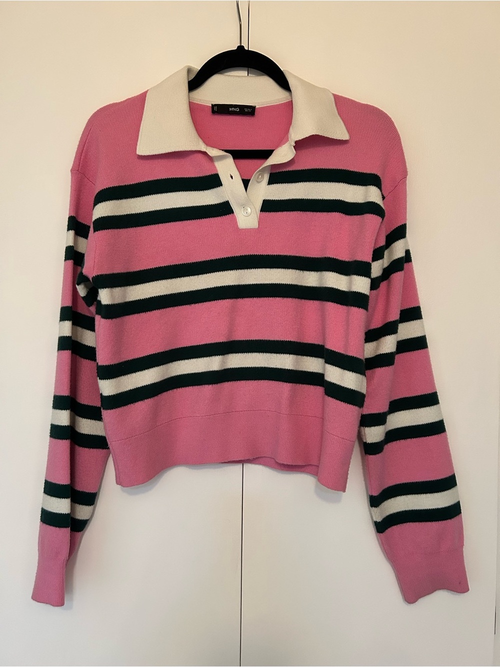 Mango Pink & Green Striped Polo Sweater Rugby (size small)
